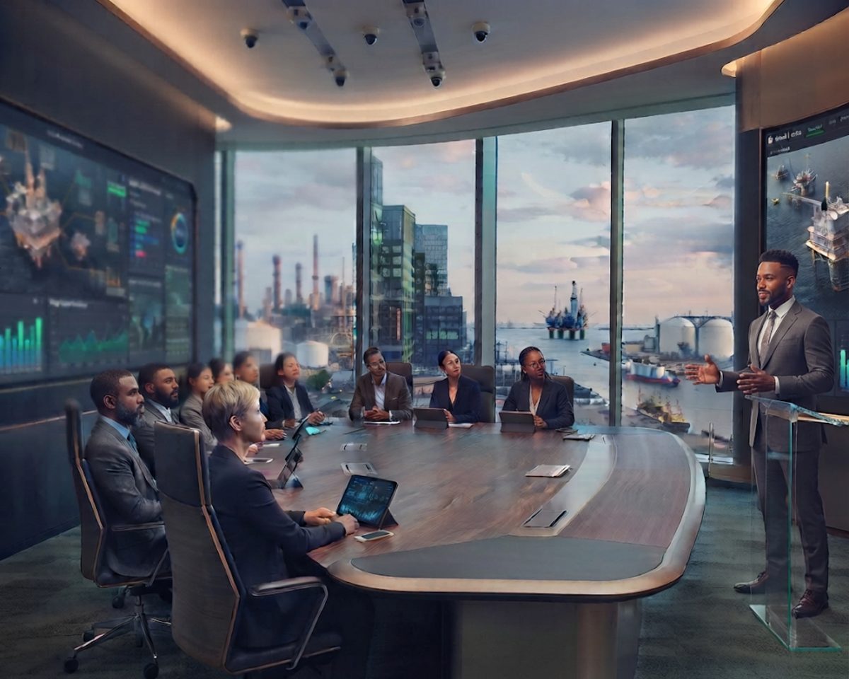 Consultant presenting to executives in a digital operations boardroom overlooking an oil and gas facility